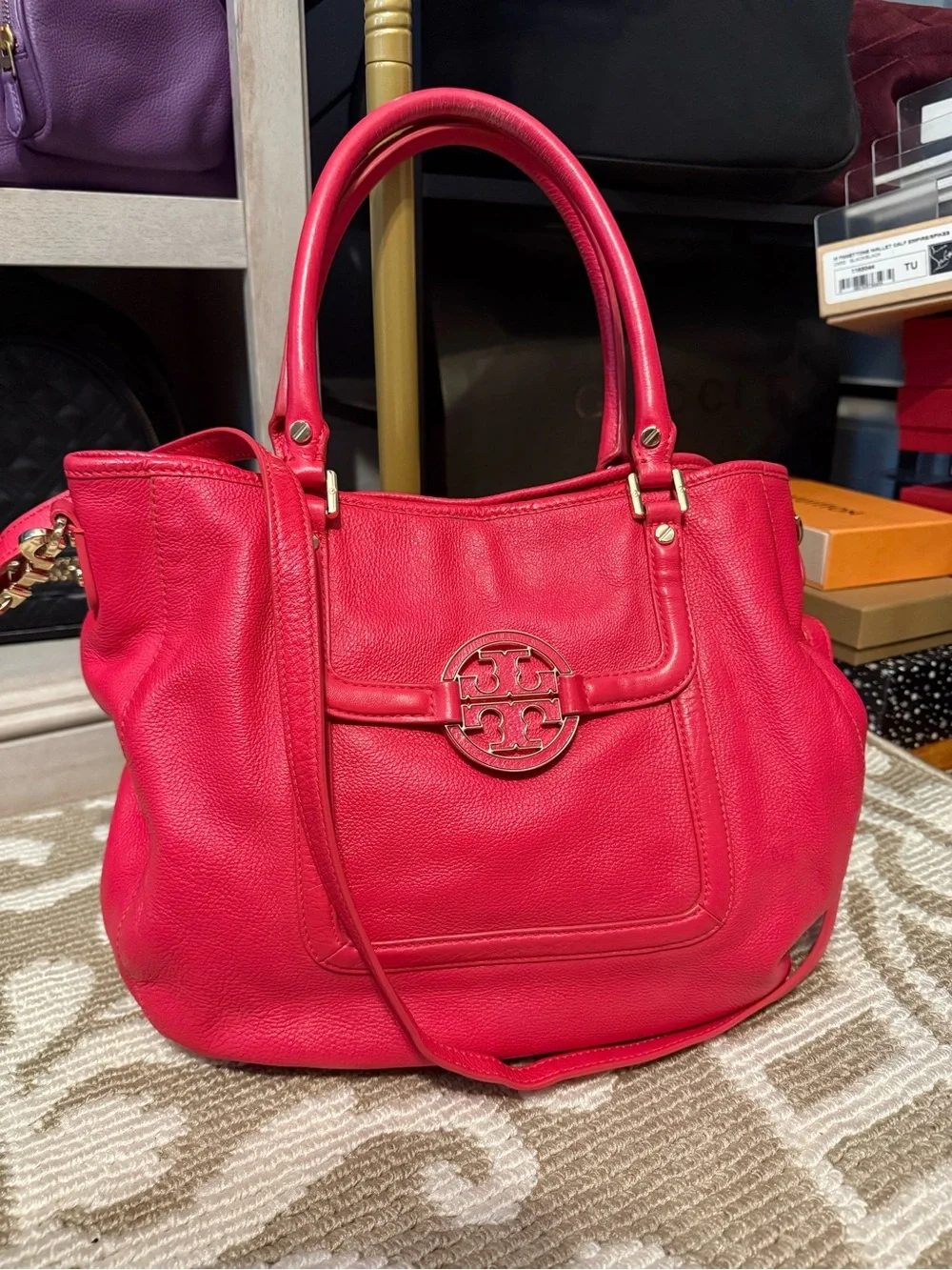 Tory Burch Bright Pink Pebbled Leather Shoulder Bag